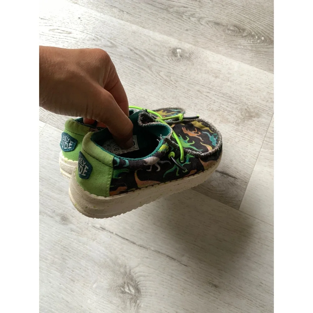 Hey Dude Wally Toddler Dino Black Lime Green Dinosaur Loafers Shoes Size 8T